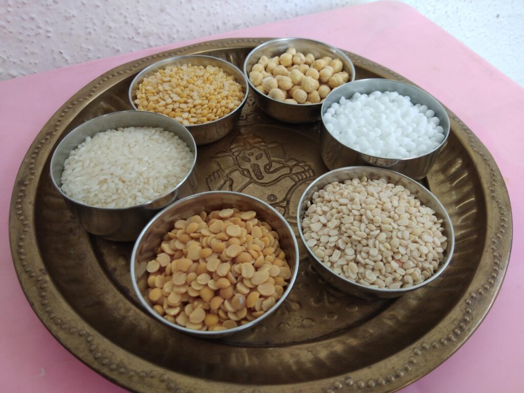 toor dal, moong dal, urad dal, sago pearl, rice 